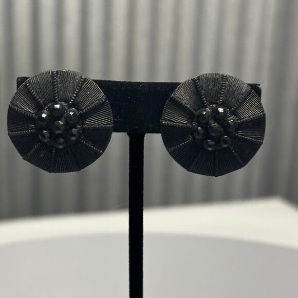 Vintage Black Fabric Clip On Earrings Women Round Beaded Statement Retro - Picture 8 of 9
